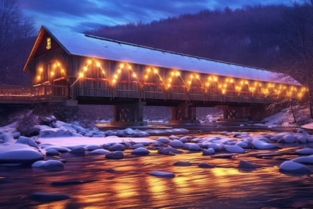 covered bridge with holiday lights during winter night, created with generative aiの素材