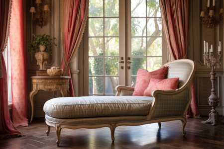 classic french-style chaise lounge in a vintage room, created with generative aiの素材