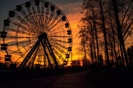 eerie shadow of a ferris wheel at sunset, created with generative aiの素材