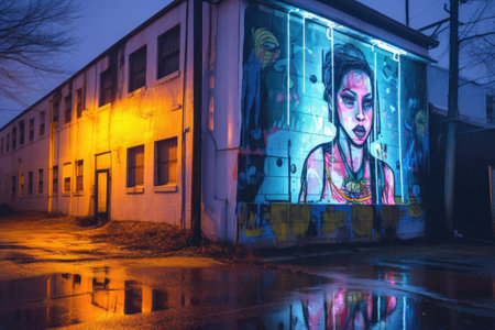 cyberpunk neon street art on abandoned building, created with generative aiの素材