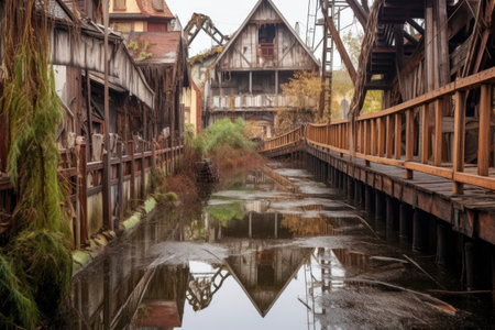 a collapsing wooden bridge in an abandoned theme park, created with generative aiの素材