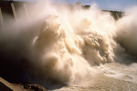 water rushing out of dam spillway creating spray, created with generative aiの素材