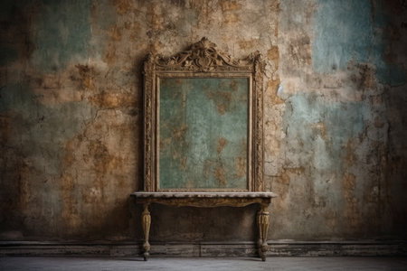 ornate wooden mirror frame on an aged wall, created with generative aiの素材