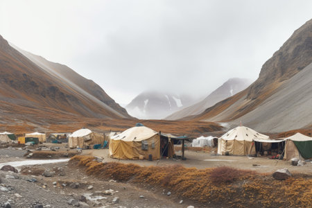 panoramic view of a remote mining camp with tents, created with generative aiの素材