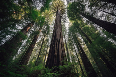 wide-angle view of towering redwood trees, created with generative aiの素材