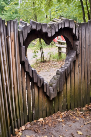 heart-shaped hole in a rustic wooden fence, created with generative aiの素材