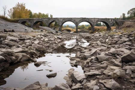 collapsed stone bridge over a dried-up river, created with generative aiの素材