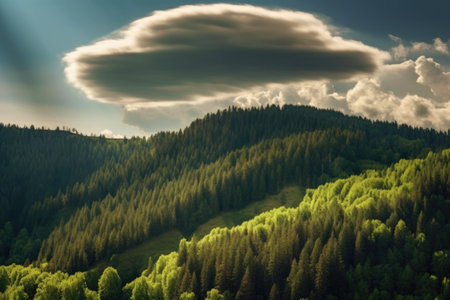 lenticular cloud formations casting shadows on a forested hillside, created with generative aiの素材