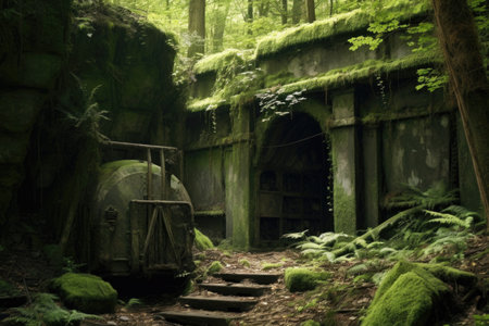 abandoned mine entrance in a secluded forest area, created with generative aiの素材