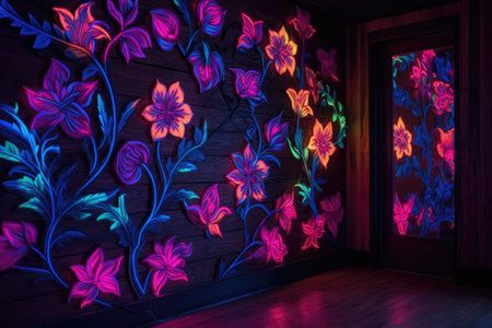 neon illuminated floral designs on a wall, created with generative aiの素材