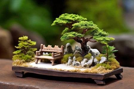 miniature bonsai tree against zen garden backdrop, created with generative aiの素材
