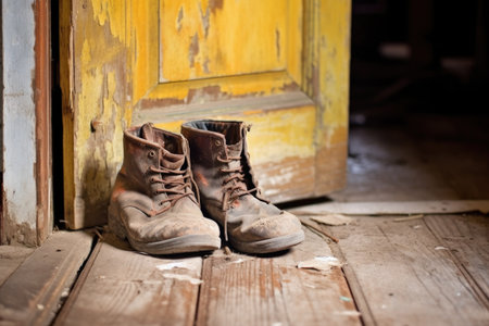 close-up of worn-out leather boot on rustic wooden floor, created with generative aiの素材