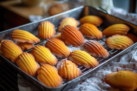 a tray of freshly baked madeleines cooling off, created with generative aiの素材
