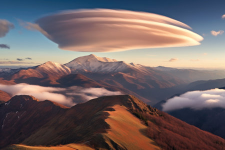 panoramic landscape of lenticular clouds over a mountain ridge, created with generative aiの素材