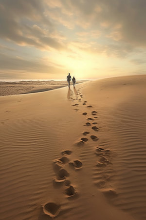 footsteps in sand leading to the horizon, created with generative aiの素材