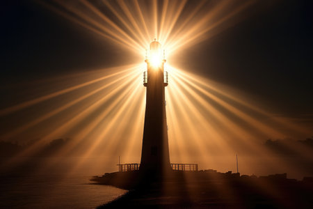 lighthouse silhouette with beams of light piercing fog, created with generative aiの素材