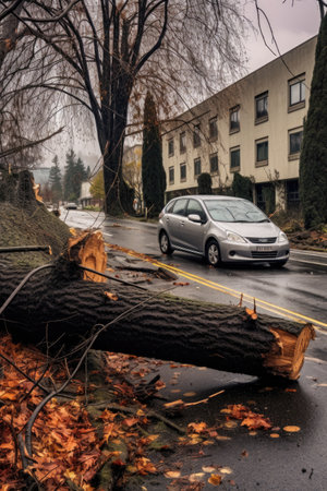 insurance policy next to a fallen tree on car, created with generative aiの素材