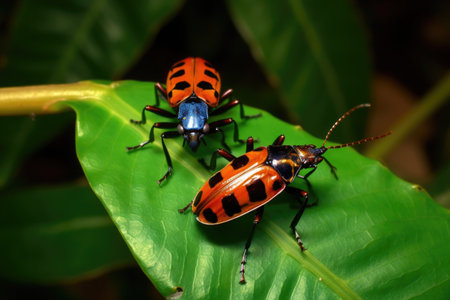two different colored beetles sharing a single leaf, created with generative aiの素材