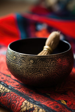 close-up of a tibetan singing bowl with sound vibrations, created with generative aiの素材