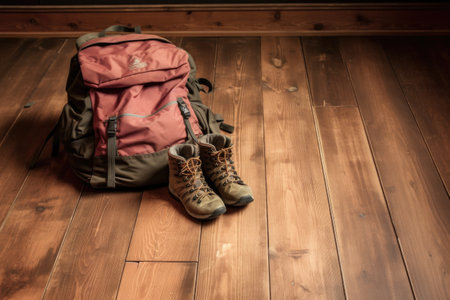 a backpack and hiking boots on a wooden floor, created with generative aiの素材