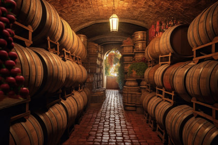 wine barrels stacked in vineyard cellar, created with generative aiの素材