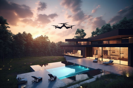 smart home with drone flyover, showcasing its modern and sleek design, created with generative aiの素材