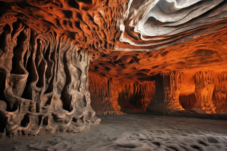unique lava formations on cave walls and ceiling, created with generative aiの素材