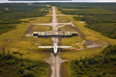 aerial view of decaying military airstrip, created with generative aiの素材