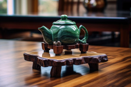 handcrafted jade teapot on traditional tea table, created with generative aiの素材