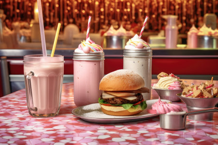 milkshake and burger served on a diner table, created with generative aiの素材