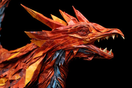 close-up of a detailed origami dragon with fiery colors, created with generative aiの素材