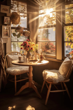 cozy breakfast nook with morning sunlight, created with generative aiの素材