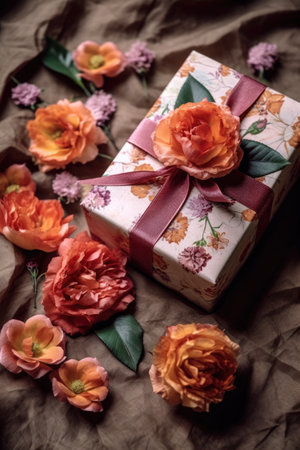 close-up of a beautifully wrapped gift with a tag saying happy mothers day, created with generative aiの素材