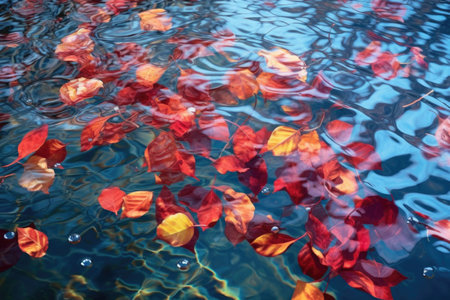 vibrant autumn leaves floating on a glassy pool surface, created with generative aiの素材