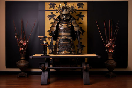 antique samurai armor displayed on a stand, created with generative aiの素材