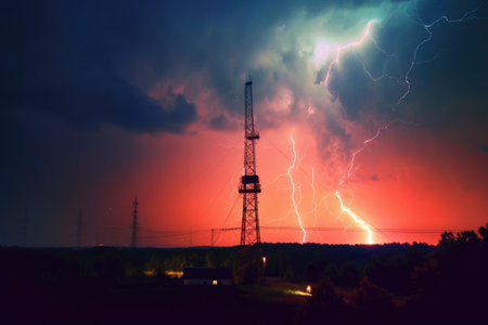lightning striking a radio tower in the distance, created with generative aiの素材