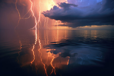 forked lightning strike reflecting on the ocean surface, created with generative aiの素材