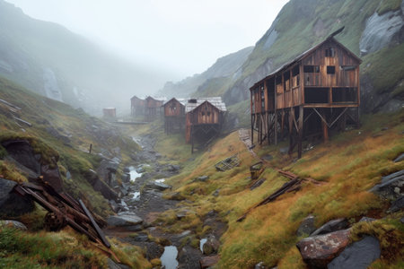 abandoned mining structures in a remote, foggy valley, created with generative aiの素材