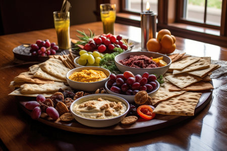 mediterranean mezze platter with hummus, olives, and pita, created with generative aiの素材