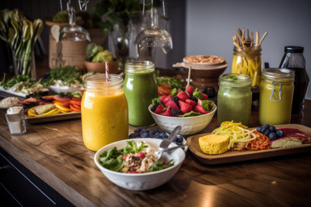 selection of healthy foods in cafe, including smoothies and salads, created with generative aiの素材