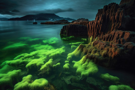 bioluminescent algae illuminating a rocky shoreline, created with generative aiの素材