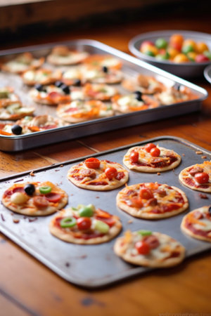 miniature pizzas on a baking sheet, fresh from the oven, created with generative aiの素材