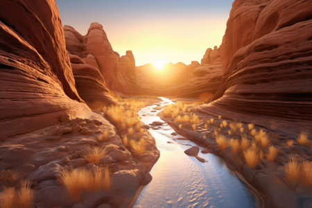 glowing sunrise over sandstone canyon, created with generative aiの素材
