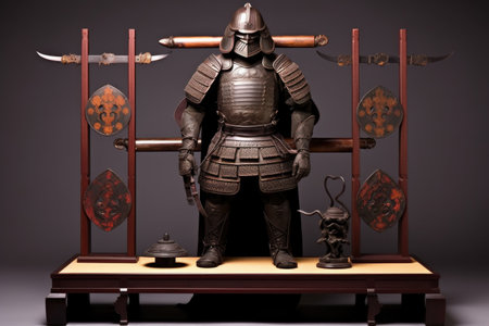 samurai armor displayed on wooden stand, created with generative aiの素材