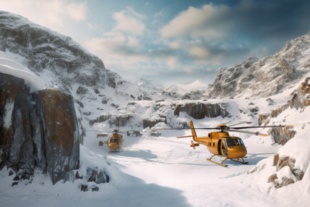 helicopter landing at a remote mine site in snowy mountains, created with generative aiの素材