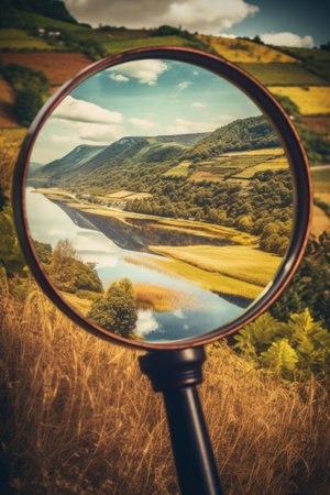 close-up of magnifying glass reflecting a beautiful landscape, created with generative aiの素材