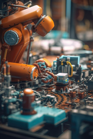 close-up of robotic machinery assembling products, created with generative aiの素材