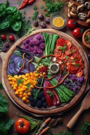vegan pizza with colorful vegetables and herbs, created with generative aiの素材