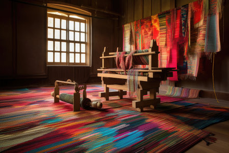 carpet weaving loom with bright threads and patterns, created with generative aiの素材