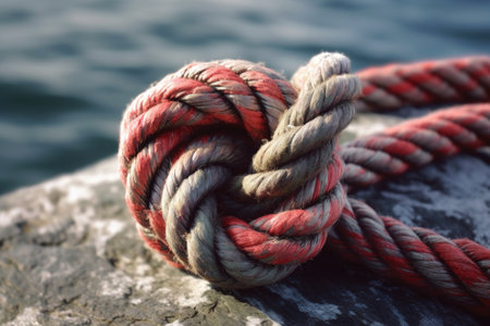 close-up of a bowline knot on a mooring rope, created with generative aiの素材